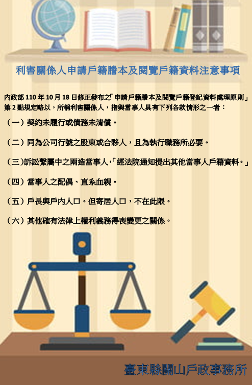 公告：利害關係人申請戶籍謄本及閱覽戶籍資料注意事項。說明依內政部規定，列舉符合利害關係人的六種情況，包括債權未履行、公司訴訟、法院通知、配偶、戶長與內人口、其他法律上權利義務等。